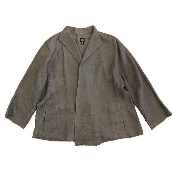 Eileen Fisher Blazer Cardigan L Jacket Open Linen Cotton Woven Knit Neutral Work - Picture 2 of 13